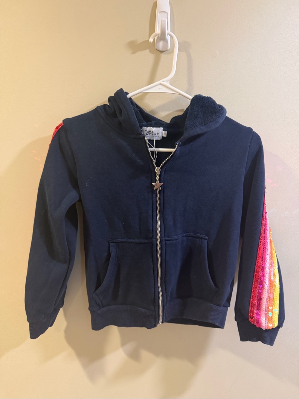 Lola + The Boys Navy Hoodie with Sequin Rainbow Sleeves